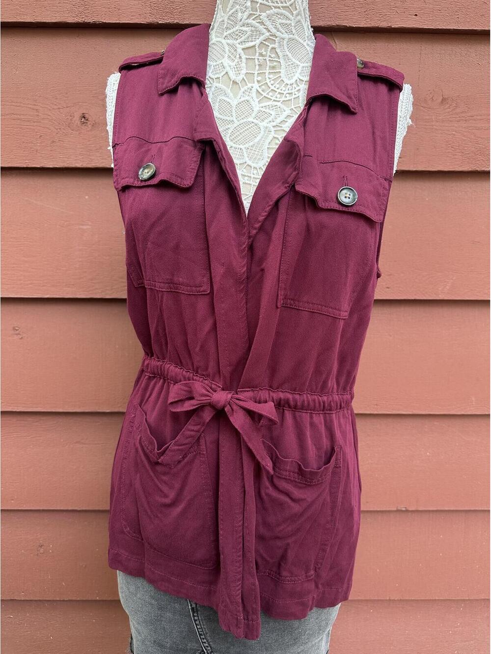Maurices Burgundy Sleeveless Utility Vest with Drawstring Waist and Button Pouch